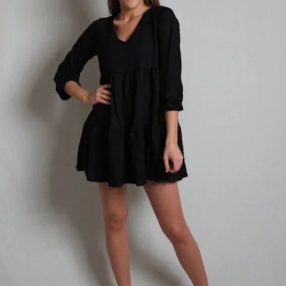 Carly Jean Los Angeles CJLA Blaine Babydoll Dress Black Tiered Dress Size Large - Picture 5 of 11